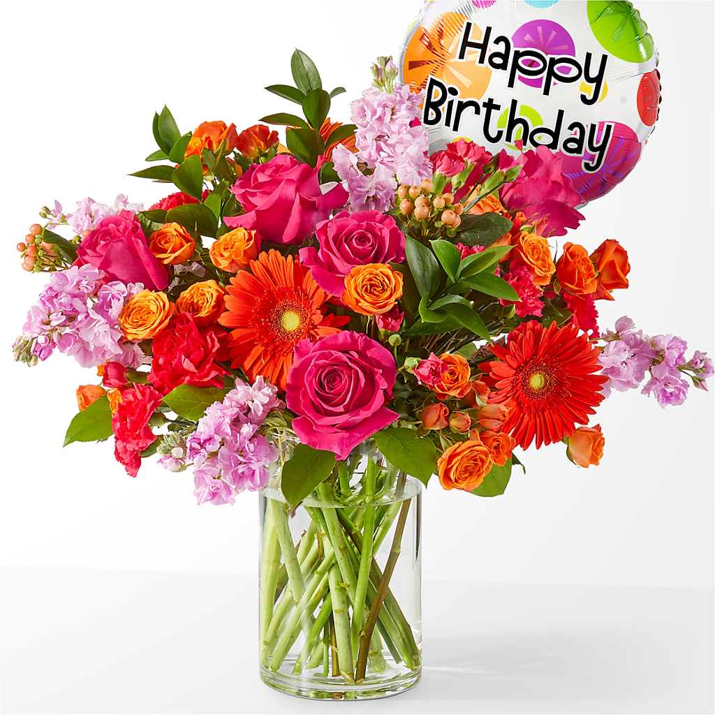 Fiesta Bouquet with Birthday Balloon – Meta Flowers, Manassas VA