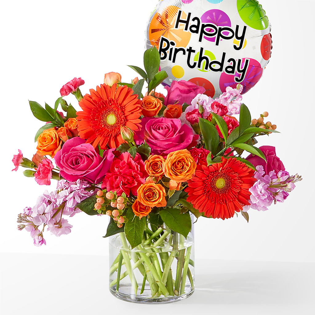 Fiesta Bouquet with Birthday Balloon – Meta Flowers, Manassas VA