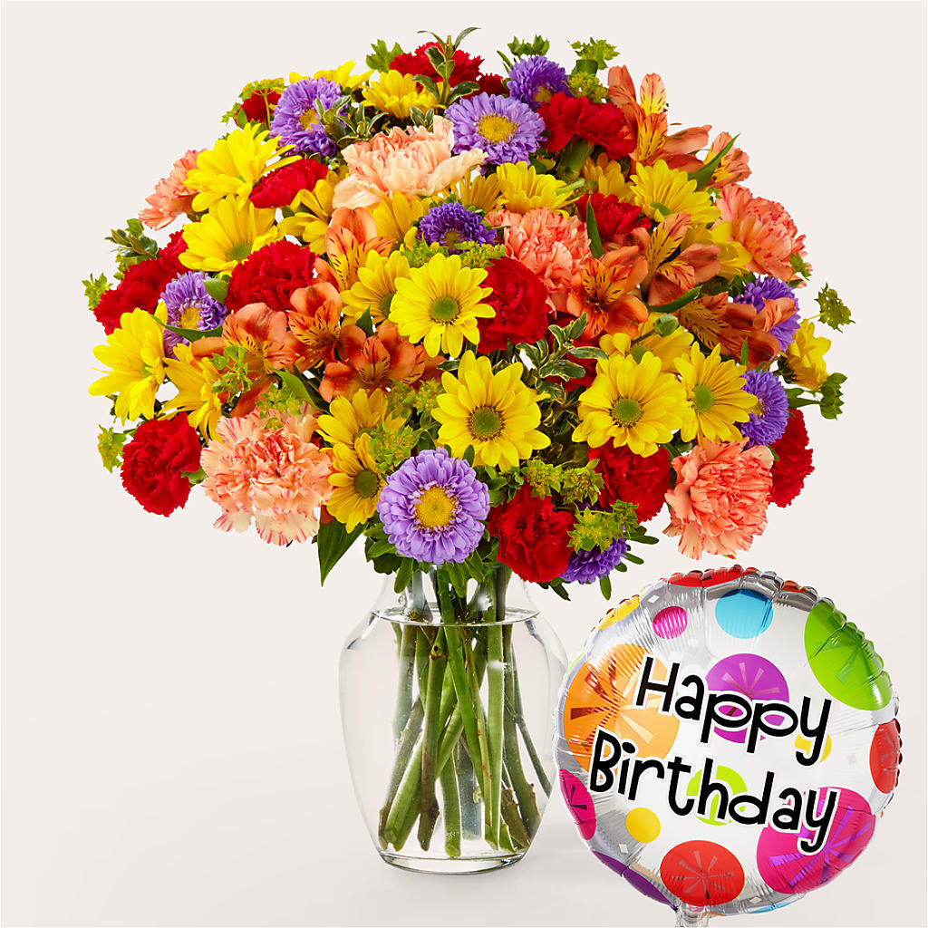 Kaleidoscope Bouquet with Birthday Balloon – Meta Flowers, Manassas VA