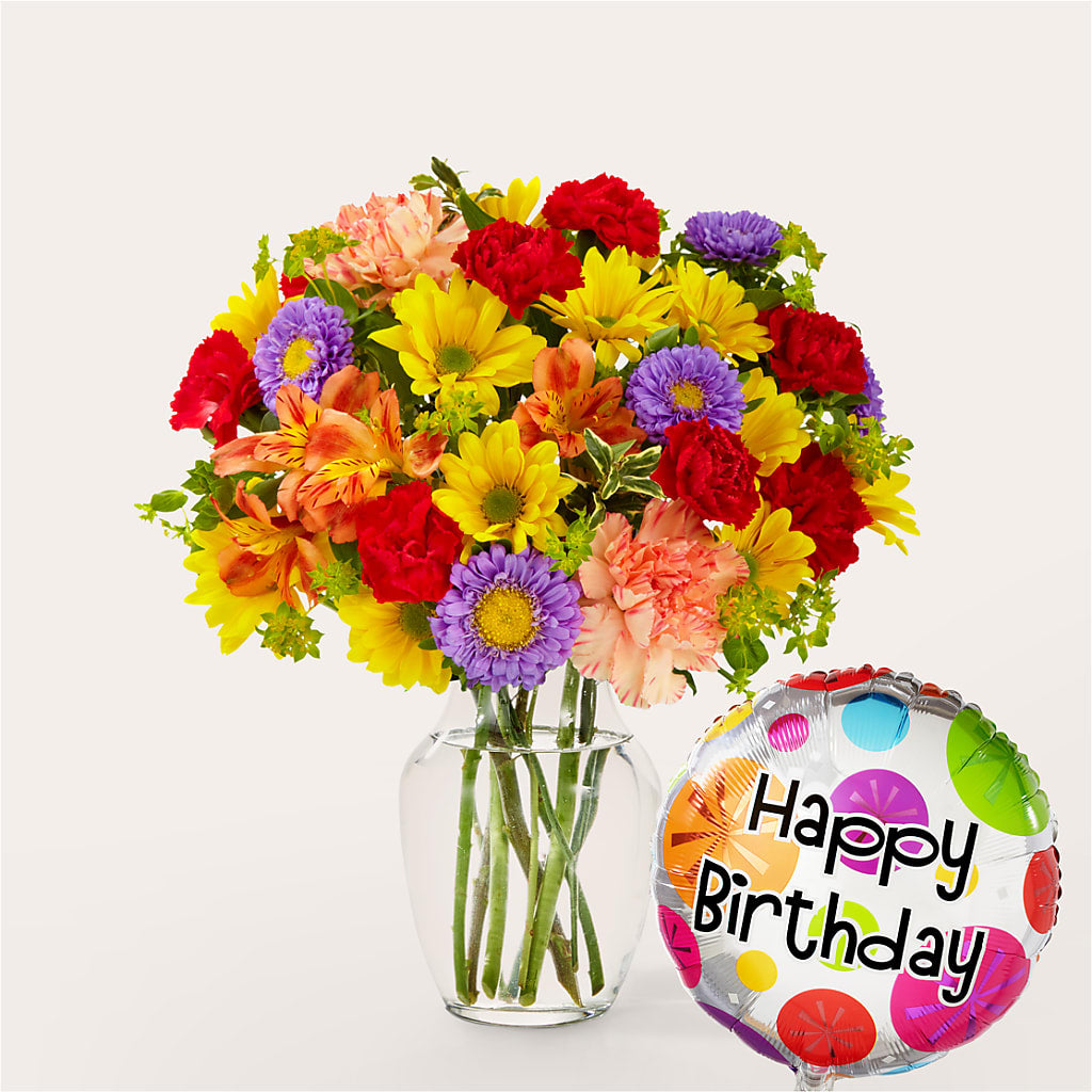 Kaleidoscope Bouquet with Birthday Balloon – Meta Flowers, Manassas VA