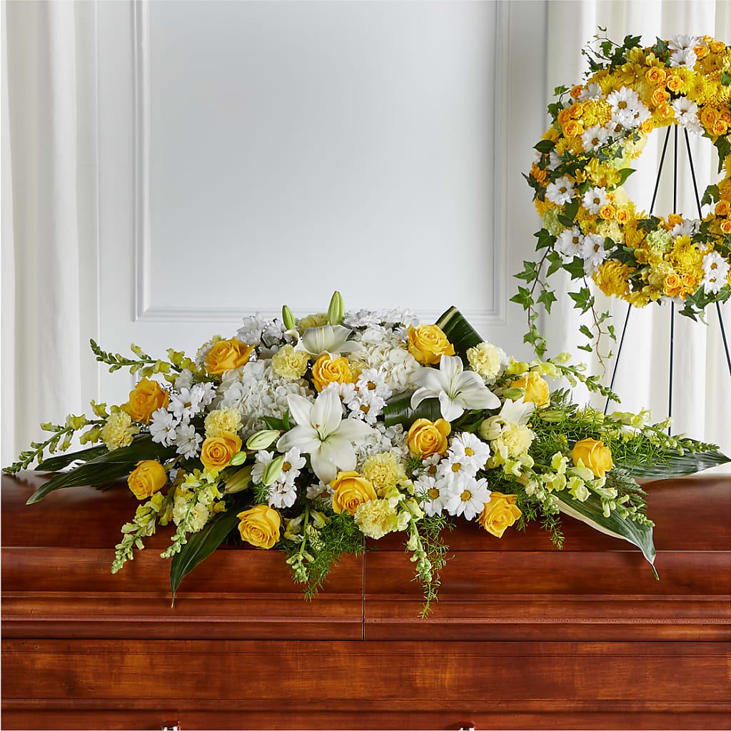 Golden Harmony Casket Spray – Meta Flowers, Manassas VA