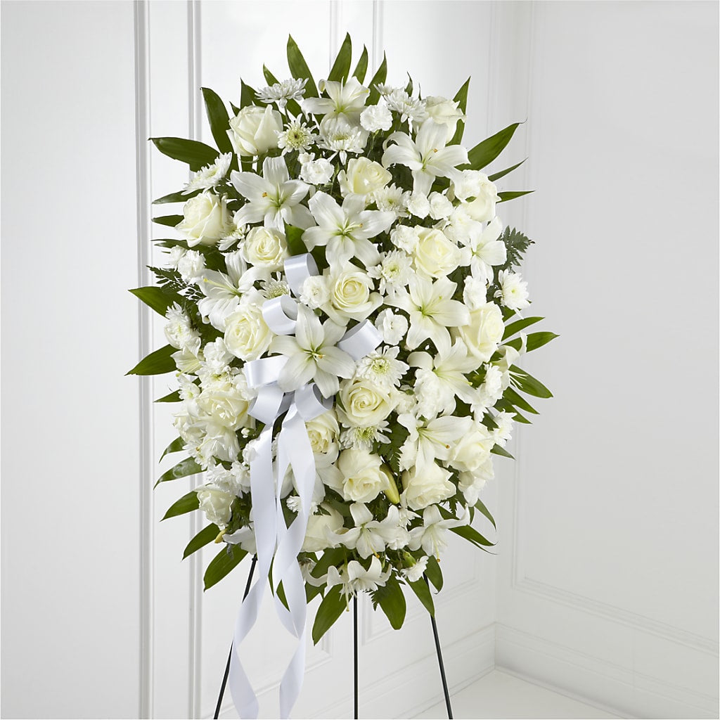 Exquisite Tribute Standing Spray-White Ribbon – Meta Flowers, Manassas VA