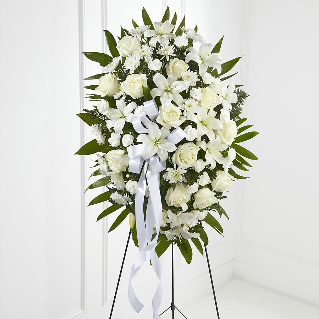 Exquisite Tribute Standing Spray-White Ribbon – Meta Flowers, Manassas VA